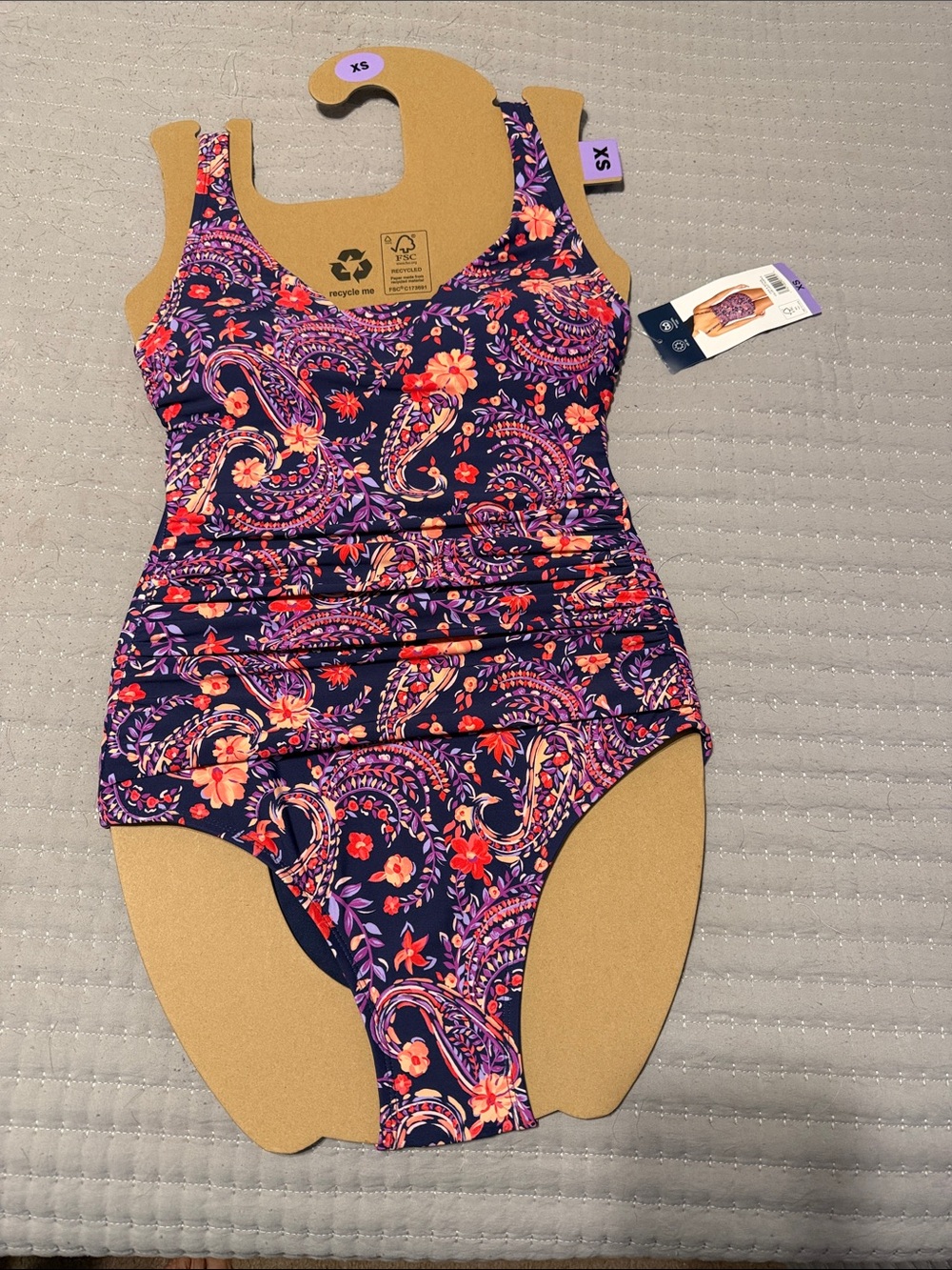 Lands' End Navy One-Piece Swimsuit with Purple & Coral Paisley Floral Print